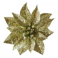 Květ GlitterPoinsettia MagicHome se skřipcem, zlatý, 9x8cm